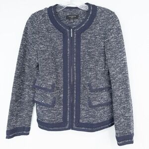 Talbots Petite Tweed Full Zip Jacket Womens 6P Navy Blue Old Money Preppy Career